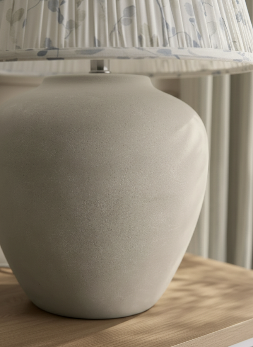 AI-generated ceramic lamp base close-up on wooden surface